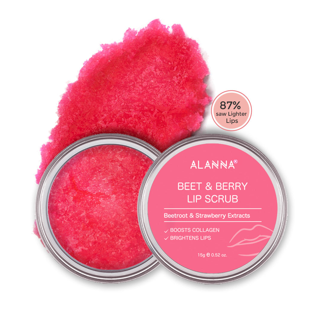 ALANNA's Beet & Berry Lip Scrub and its texture in the background