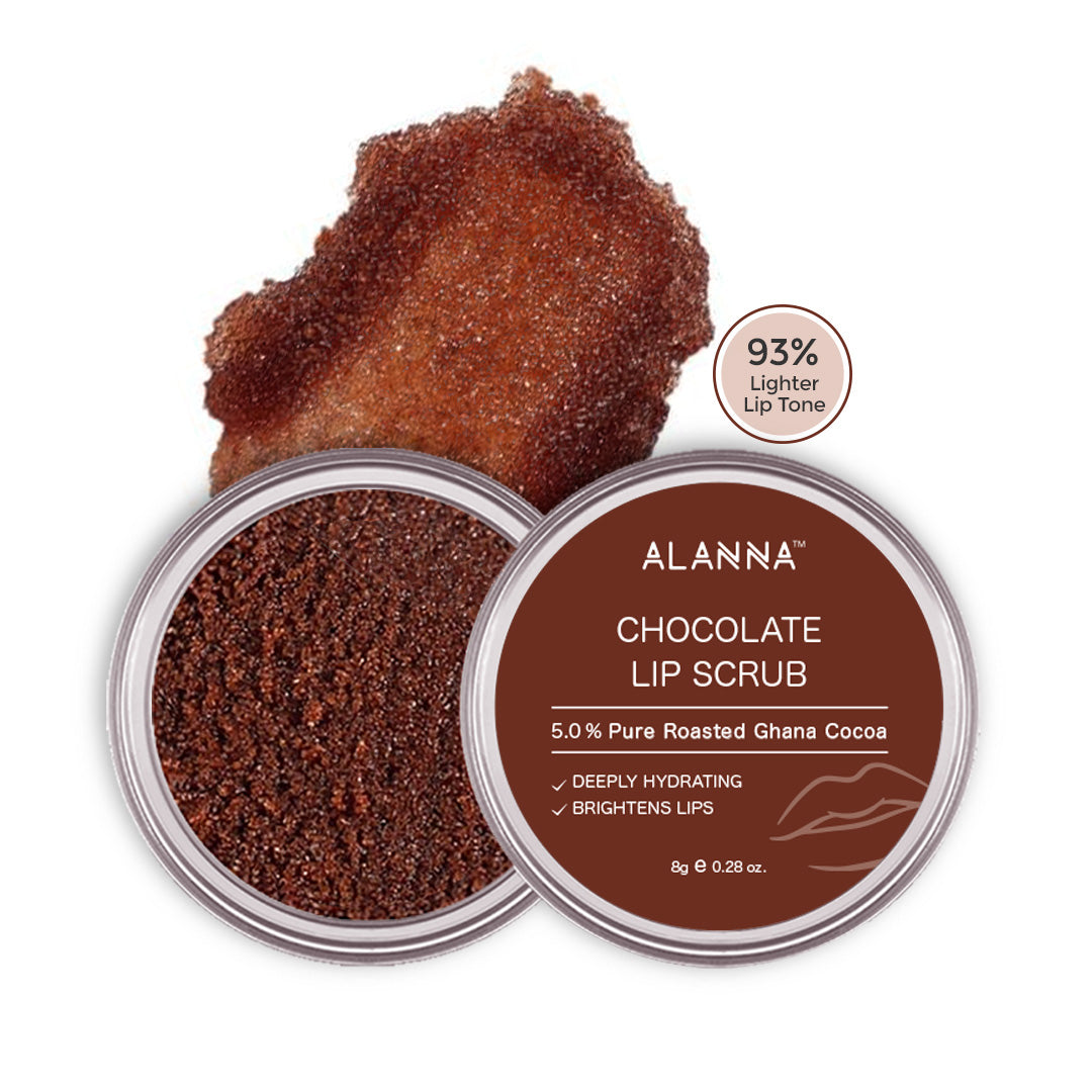 ALANNA's chocolate lip scrub and its texture in the background