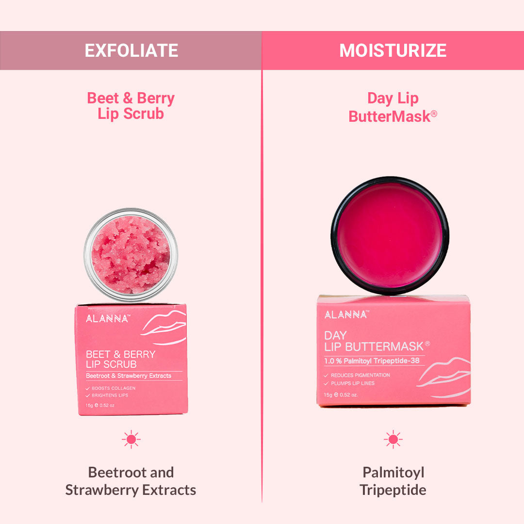 Exfoliate & Moisturise using Day Lip Buttermask & Beet Berry Lip Scrub