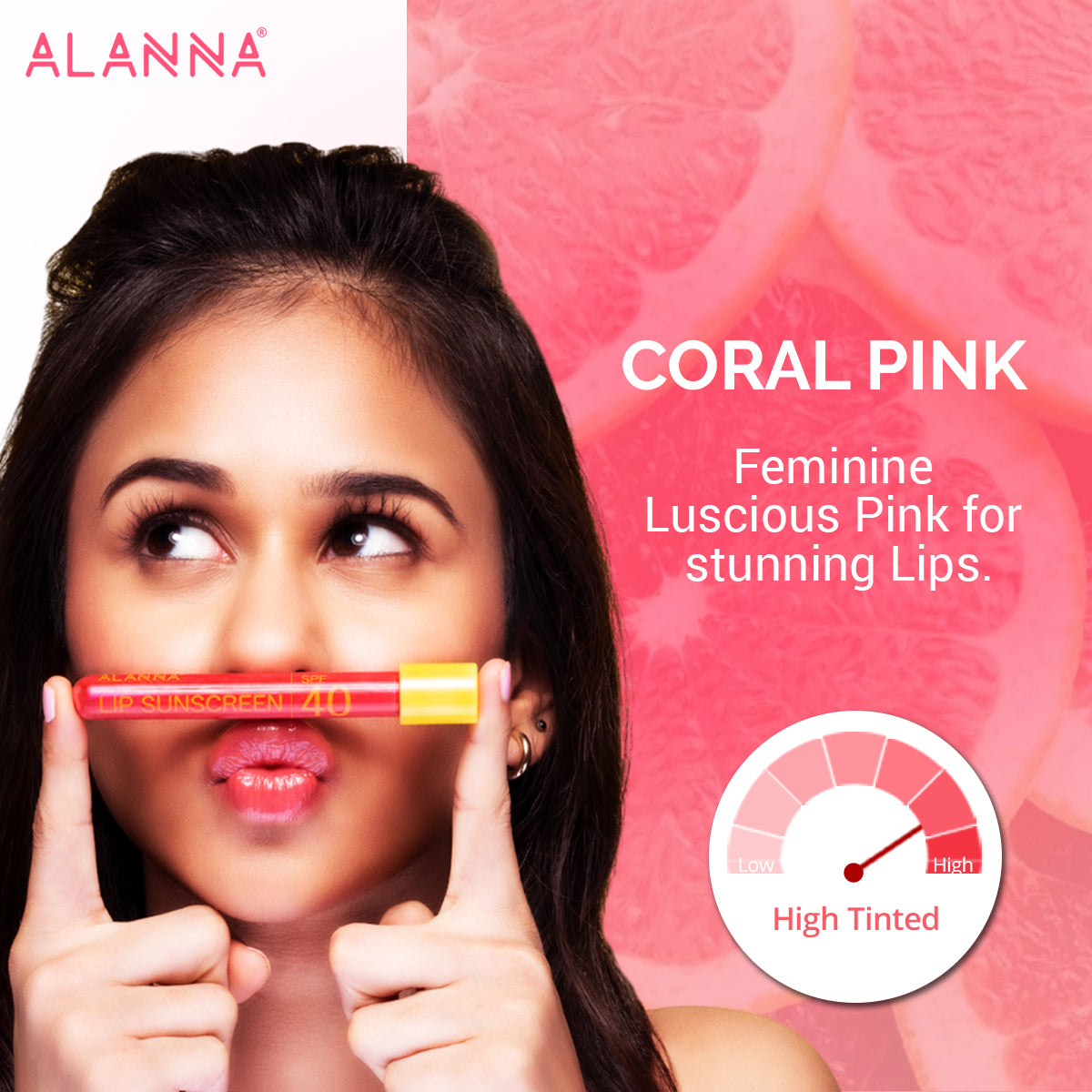 A girl holding coral pink lip gloss