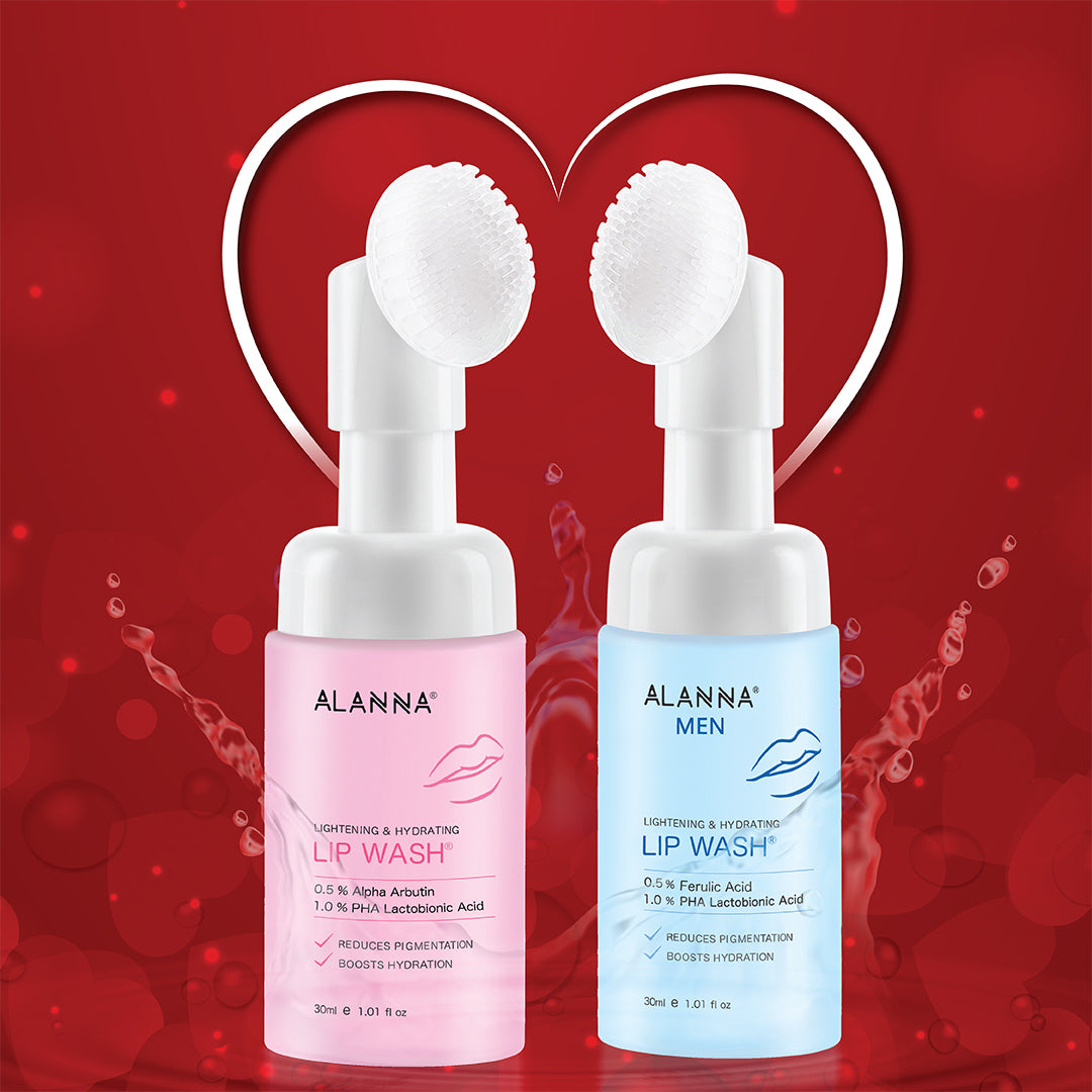 An image of men and women lip wash against a red background