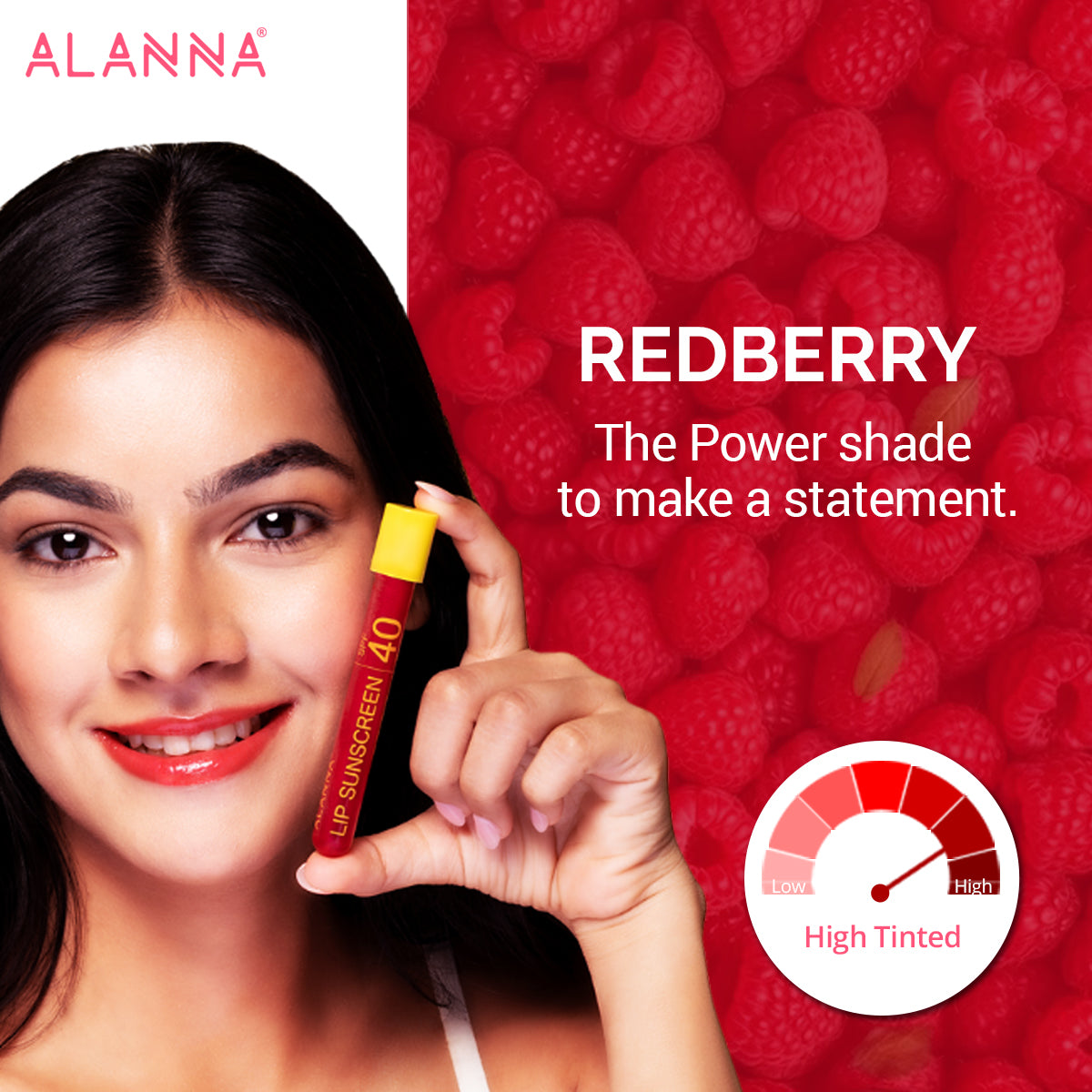 A girl holding ALANNA's lip sunscreen gloss redberry