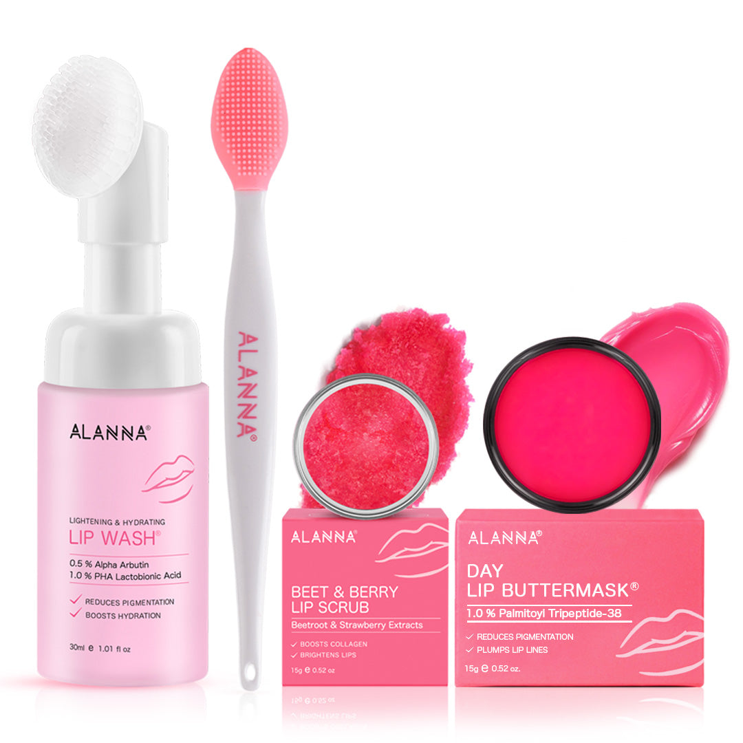 An image of lip wash,lip buttermask.lip scrub with a standing lip brush